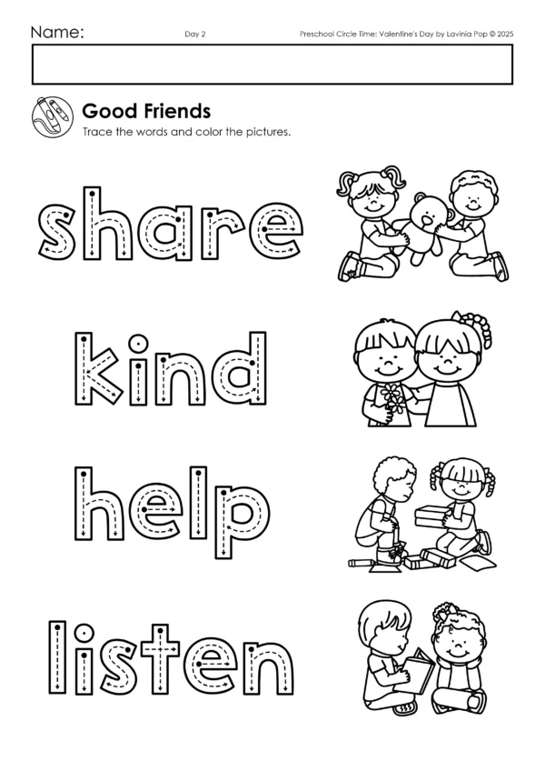 Valentine's Day Preschool Unit | Circle Time Printables and Activities | Friendship & Kindness | Good Friends Tracing Words: Share, Kind, Help, Listen