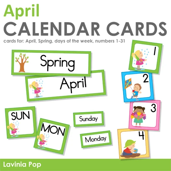 April Calendar Time Cards Pocket Chart | Number Cards, Days of the Week, Season | Spring