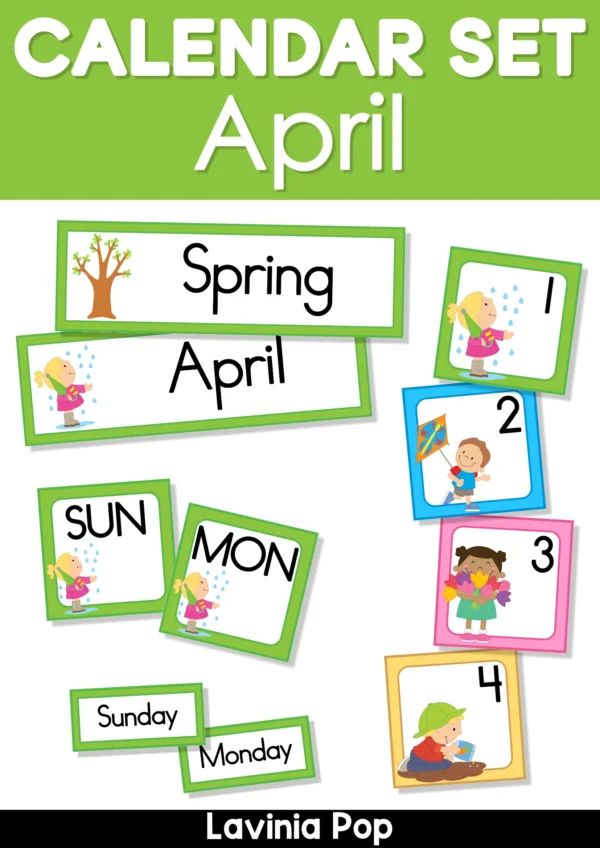 April Calendar Time Cards Pocket Chart | Number Cards, Days of the Week, Season | Spring