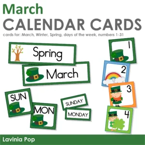 March Calendar Time Cards Pocket Chart | Number Cards, Days of the Week, Season | St. Patrick's Day