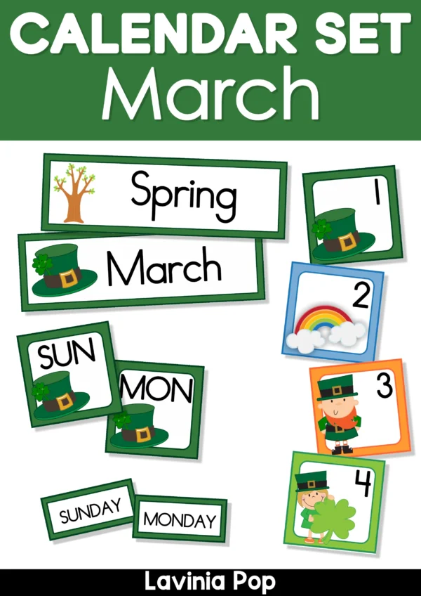 March Calendar Time Cards Pocket Chart | Number Cards, Days of the Week, Season | St. Patrick's Day