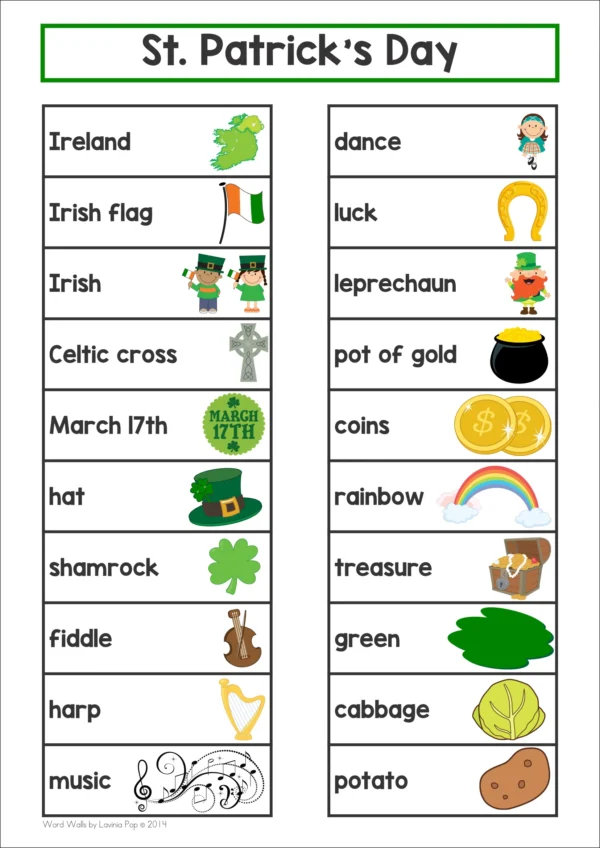 St. Patrick's Day Word Wall packet for learning new vocabulary | Writing Centers | Word List & Word Work Pages