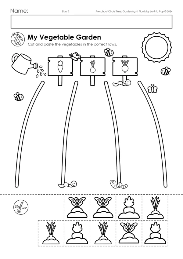 Gardening and Plants Preschool Unit | Circle Time Printables and Activities | Pre-K | Day Care | Homeschool Currciuclum | My Vegetable Garden Cut and Glue Worksheet