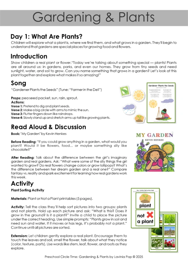 Gardening and Plants Preschool Unit | Circle Time Printables and Activities | Pre-K | Day Care | Homeschool Currciuclum | Day 1 Leson Plan