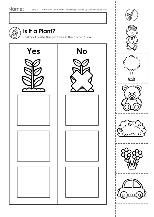 Gardening and Plants Preschool Unit | Circle Time Printables and Activities | Pre-K | Day Care | Homeschool Currciuclum | Is it a Plant? Cut and paste sorting activity