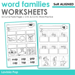 CVC & CCVC Word Families Worksheets | Science of Reading Cut & Paste Phonics Practice