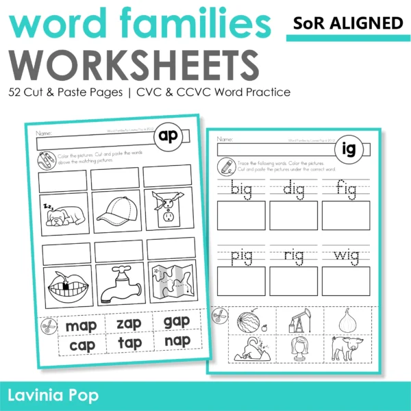 CVC & CCVC Word Families Worksheets | Science of Reading Cut & Paste Phonics Practice