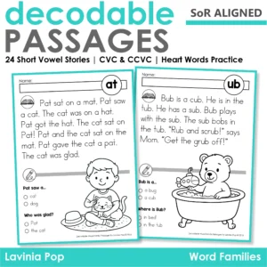 Decodable word family passages for beginning readers featuring printable CVC and CCVC stories with heart words. Includes short vowel word families, SoR-aligned passages, and kid-friendly comprehension questions.