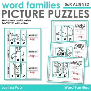 CVC Word Family Picture Puzzles – Cut and Paste Phonics Worksheets and Booklets for 24 Word Families | SoR Aligned Literacy Center Activity