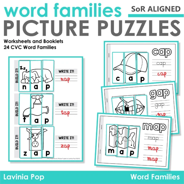 CVC Word Family Picture Puzzles – Cut and Paste Phonics Worksheets and Booklets for 24 Word Families | SoR Aligned Literacy Center Activity