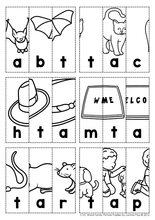 CVC Word Family Picture Puzzles – Cut and Paste Phonics Worksheets and Booklets for 24 Word Families | SoR Aligned Literacy Center Activity