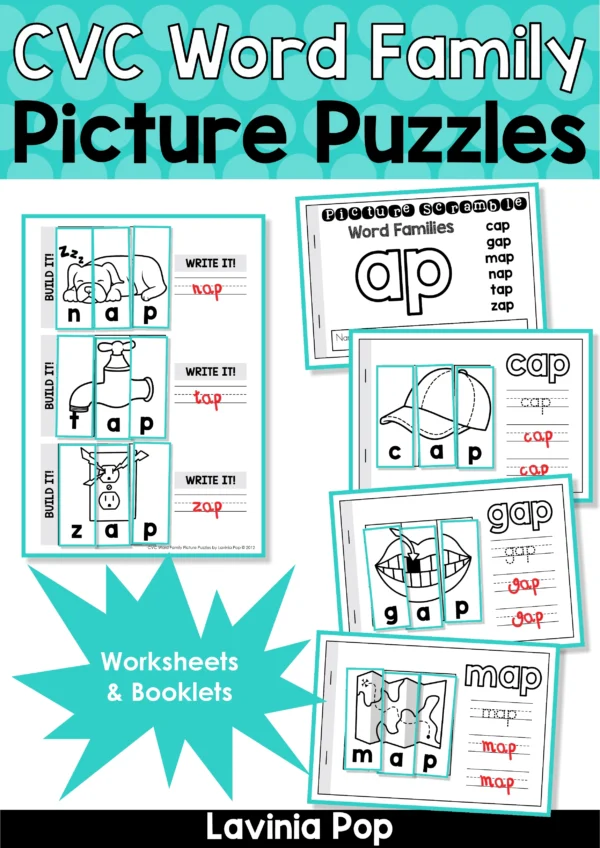 CVC Word Family Picture Puzzles – Cut and Paste Phonics Worksheets and Booklets for 24 Word Families | SoR Aligned Literacy Center Activity