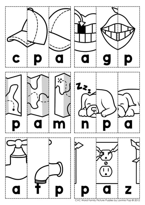 CVC Word Family Picture Puzzles – Cut and Paste Phonics Worksheets and Booklets for 24 Word Families | SoR Aligned Literacy Center Activity