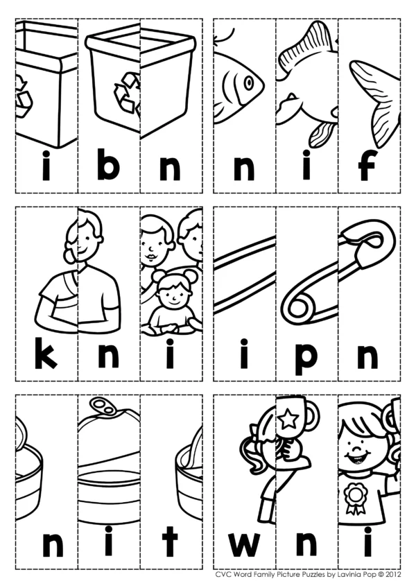 CVC Word Family Picture Puzzles – Cut and Paste Phonics Worksheets and Booklets for 24 Word Families | SoR Aligned Literacy Center Activity