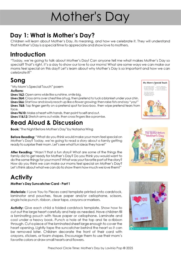 Mother's Day Preschool Unit | Circle Time Printables and Activities | Pre-K | Day Care | Homeschool Currciuclum | Lesson 1 Plan