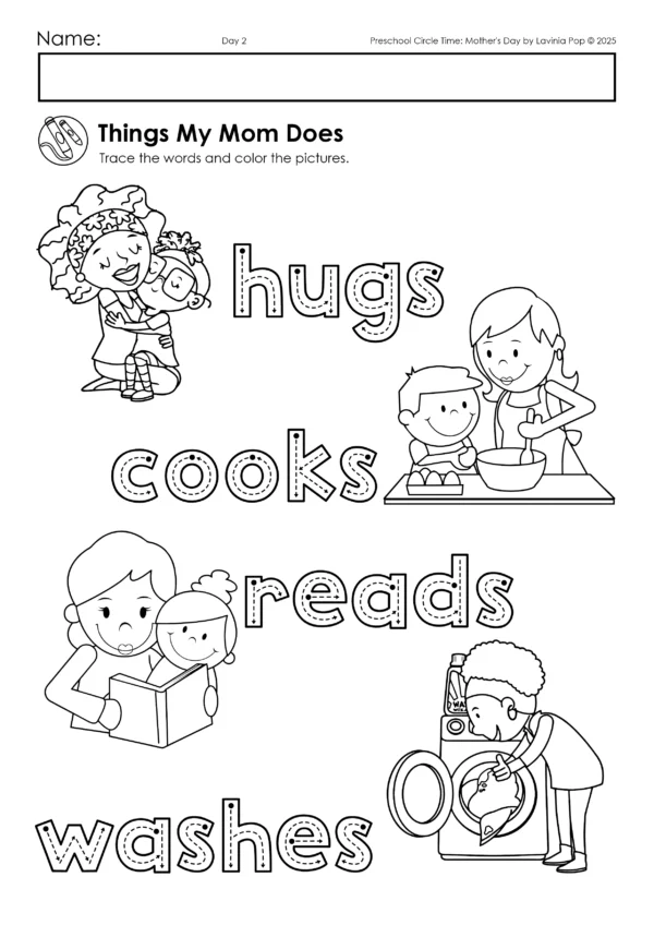 Mother’s Day Preschool Activities | Circle Time Printables and Activities | Pre-K | Day Care | Homeschool Currciuclum | Things My Mom Does Coloring and Tracing Worksheet