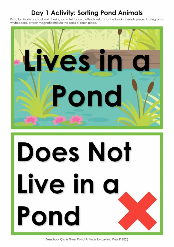 Pond Theme Preschool Unit | Circle Time Printables and Activities | Pre-K | Day Care | Homeschool Currciulum | Sorting Animals that Live and Don't Live in a Pond