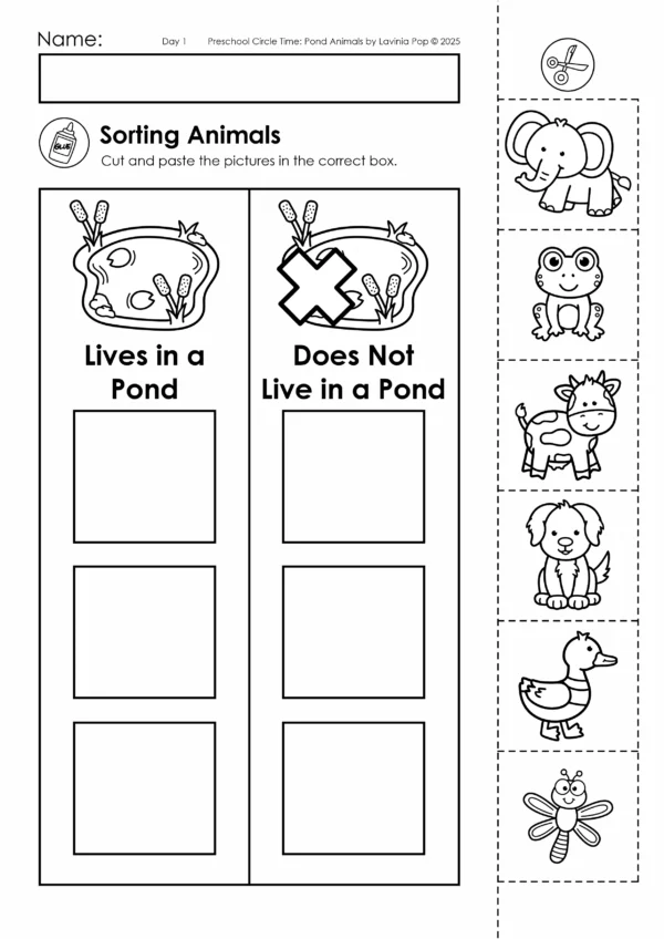 Pond Theme Preschool Unit | Circle Time Printables and Activities | Pre-K | Day Care | Homeschool Currciulum | Sorting Pond Animals and Non Pond Animals Cut and PAste Worksheet