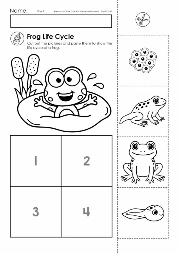 Pond Theme Preschool Unit | Circle Time Printables and Activities | Pre-K | Day Care | Homeschool Currciulum | Frog Life Cycle Cut and Paste Worksheet