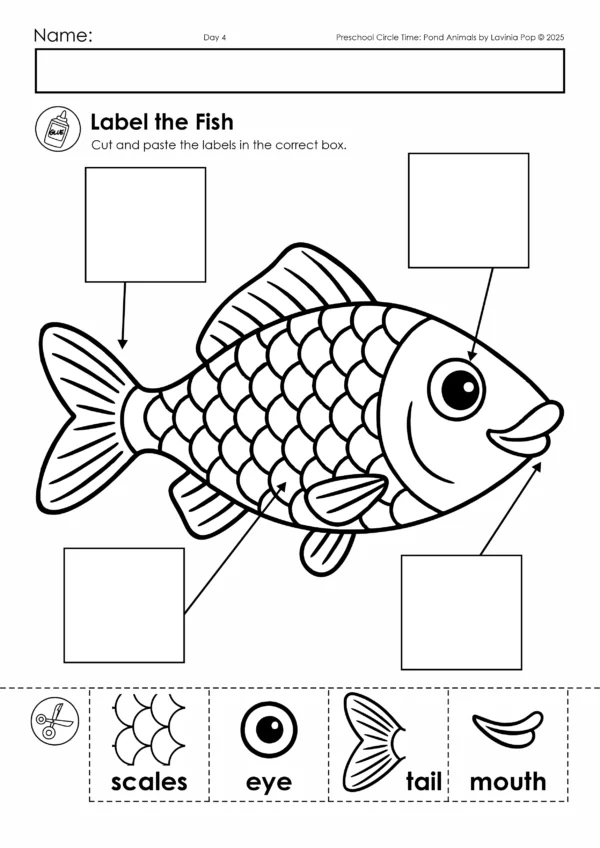 Pond Theme Preschool Unit | Circle Time Printables and Activities | Pre-K | Day Care | Homeschool Currciulum | Labe the Fish Worksheet