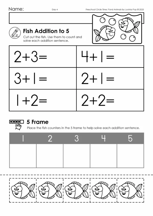 Pond Theme Preschool Unit | Circle Time Printables and Activities | Pre-K | Day Care | Homeschool Currciulum | Addition to Five with Counters Worksheet