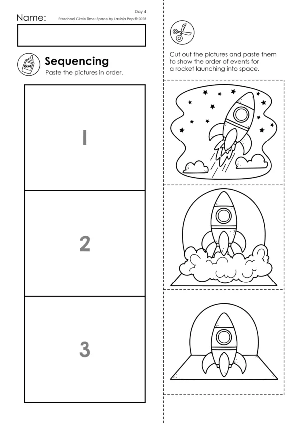 Space Theme Preschool Unit | Circle Time Printables and Activities | Pre-K | Day Care | Homeschool Currciulum | Space Rocket Luanch Sequencing Worksheet