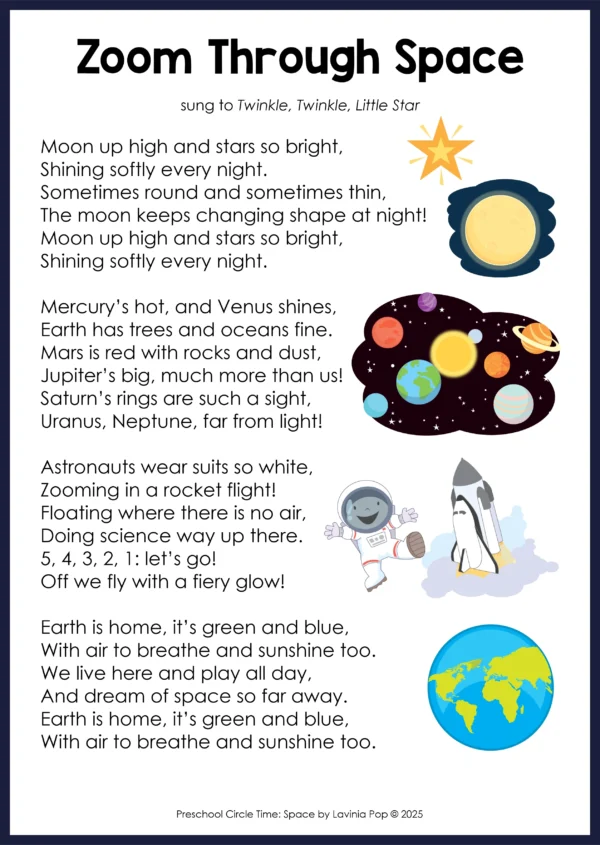 Space Theme Preschool Unit | Circle Time Printables and Activities | Pre-K | Day Care | Homeschool Currciulum | Zoom Through Space Preschool Song with Props