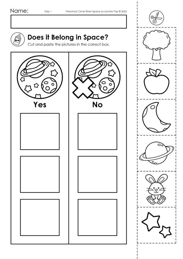 Space Theme Preschool Unit | Circle Time Printables and Activities | Pre-K | Day Care | Homeschool Currciulum | Does it Belong in Space Cut and Paste Sorting Worksheet