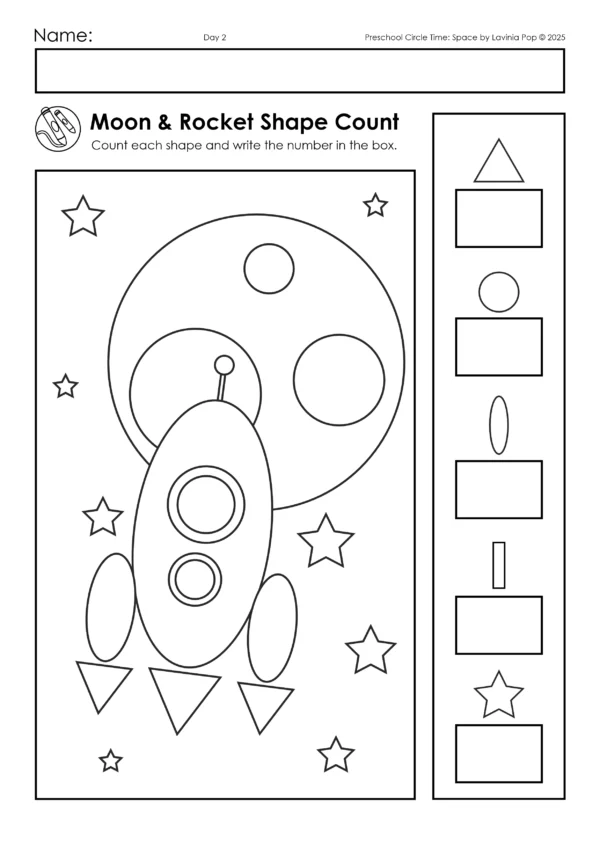 Space Theme Preschool Unit | Circle Time Printables and Activities | Pre-K | Day Care | Homeschool Currciulum | Moon and Rocket Shape Count Worksheet