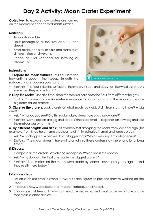 Space Theme Preschool Unit | Circle Time Printables and Activities | Pre-K | Day Care | Homeschool Currciulum | Day 2 Activity: Moon Crater Experiment