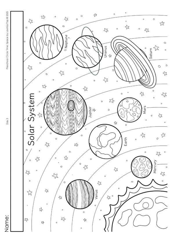 Space Theme Preschool Unit | Circle Time Printables and Activities | Pre-K | Day Care | Homeschool Currciulum | Solary System Coloring Page
