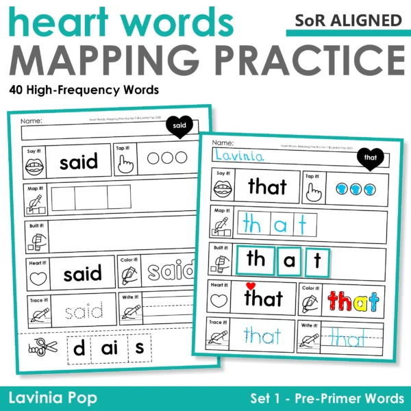 Heart Word Mapping worksheets for beginning readers featuring printable Pre-Primer sight word practice. Supports orthographic mapping, heart word routines, and Science of Reading-aligned instruction. Includes tapping, mapping, building, and writing for each word.
