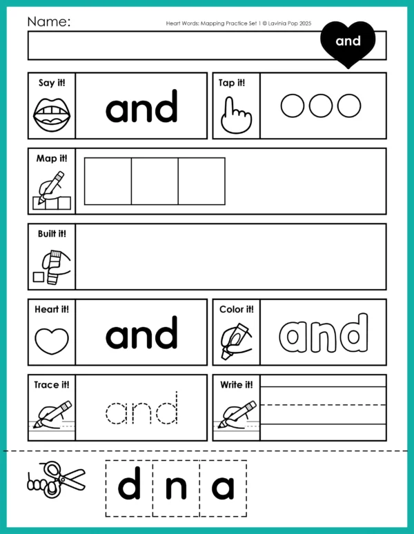 Heart Word Mapping worksheets for beginning readers featuring printable Pre-Primer sight word practice. Supports orthographic mapping, heart word routines, and Science of Reading-aligned instruction. Includes tapping, mapping, building, and writing for each word.