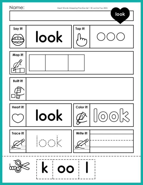Printable heart word mapping worksheets for Pre-Primer sight words. Each page guides young learners through sound tapping, phoneme mapping, spelling, and writing practice using a Science of Reading approach.