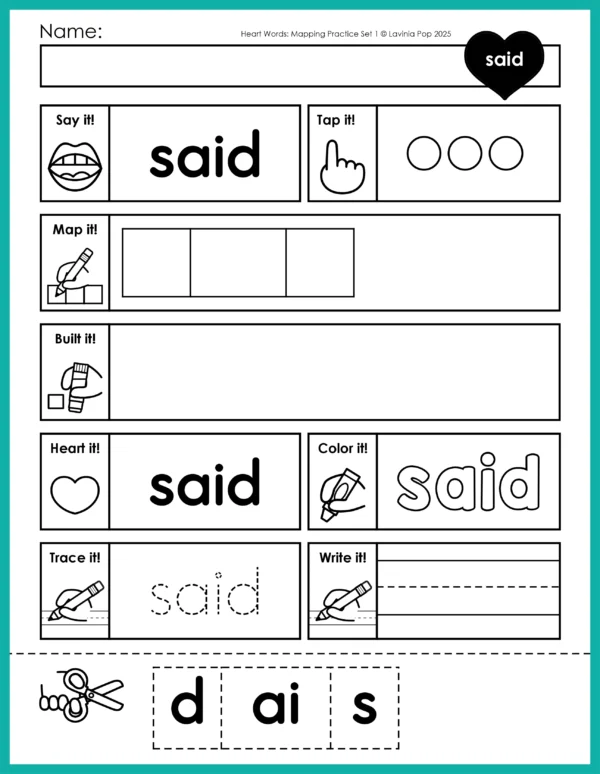 Printable heart word mapping worksheets for Pre-Primer sight words. Each page guides young learners through sound tapping, phoneme mapping, spelling, and writing practice using a Science of Reading approach.