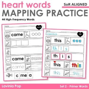 Heart Word Mapping worksheets for beginning readers featuring printable Primer sight word practice. Supports orthographic mapping, heart word routines, and Science of Reading-aligned instruction. Includes tapping, mapping, building, and writing for each word.