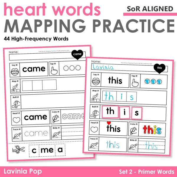 Heart Word Mapping worksheets for beginning readers featuring printable Primer sight word practice. Supports orthographic mapping, heart word routines, and Science of Reading-aligned instruction. Includes tapping, mapping, building, and writing for each word.