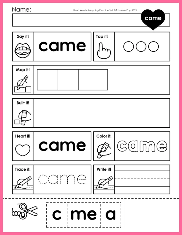 Heart Word Mapping worksheets for beginning readers featuring printable Primer sight word practice. Supports orthographic mapping, heart word routines, and Science of Reading-aligned instruction. Includes tapping, mapping, building, and writing for each word. CAME