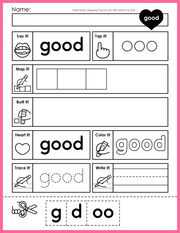 Heart Word Mapping worksheets for beginning readers featuring printable Primer sight word practice. Supports orthographic mapping, heart word routines, and Science of Reading-aligned instruction. Includes tapping, mapping, building, and writing for each word. GOOD