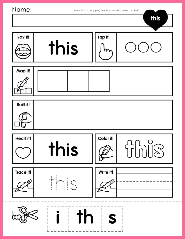 Heart Word Mapping worksheets for beginning readers featuring printable Primer sight word practice. Supports orthographic mapping, heart word routines, and Science of Reading-aligned instruction. Includes tapping, mapping, building, and writing for each word. THIS