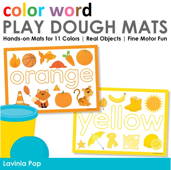 Color Word Play Dough Mats |11 Colors for Fine Motor & Literacy Centers. Each mat includes a large bubble-style color word and real-world clipart objects. Great for play dough writing and color recognition. Ideal for preschool and kindergarten literacy or fine motor centers. Ideal for preschool and kindergarten literacy or fine motor centers.