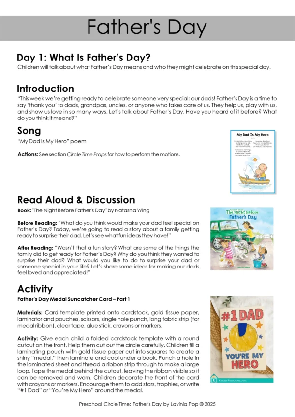 Father's Day Theme Preschool Unit | Circle Time Printables and Activities | Pre-K | Day Care | Homeschool Currciulum | Day 1 Lesson Plan