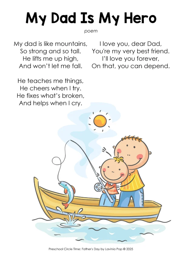 Father's Day Theme Preschool Unit | Circle Time Printables and Activities | Pre-K | Day Care | Homeschool Currciulum | My Dad is My Hero Preschool Poem