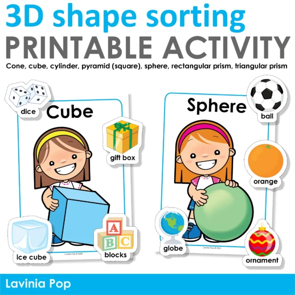 3D Shapes Printable Sorting Activity for Preschool and Kindergarten | Real Life Objects | Cone, Cube, Cylinder, Pyramid, Sphere & More