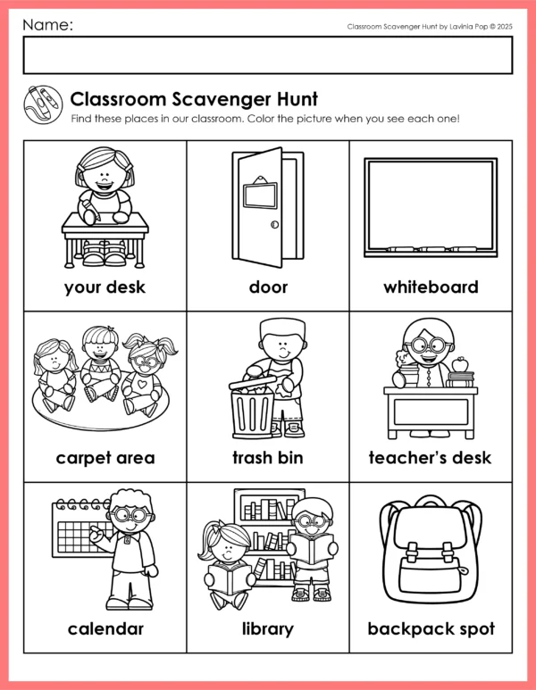 Free Kindergarten Classroom Scavenger Hunt | Printable scavenger hunt sheet on a clipboard and colorful classroom item cards. A fun first day of school activity for students to explore the classroom by Lavinia Pop.