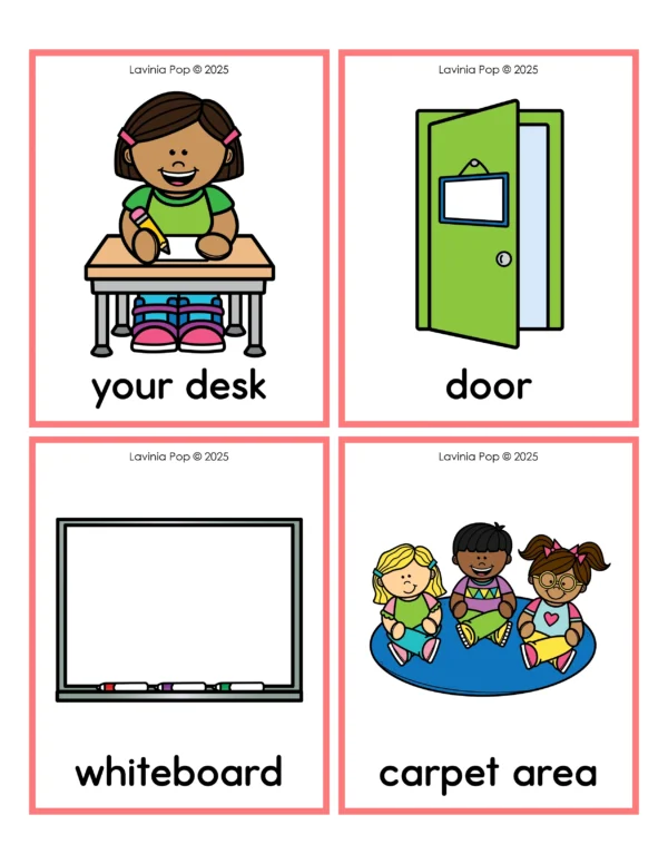 Free Kindergarten Classroom Scavenger Hunt | Printable scavenger hunt sheet on a clipboard and colorful classroom item cards. A fun first day of school activity for students to explore the classroom by Lavinia Pop.