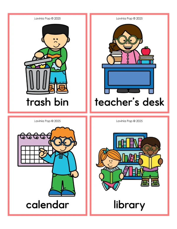 Free Kindergarten Classroom Scavenger Hunt | Printable scavenger hunt sheet on a clipboard and colorful classroom item cards. A fun first day of school activity for students to explore the classroom by Lavinia Pop.