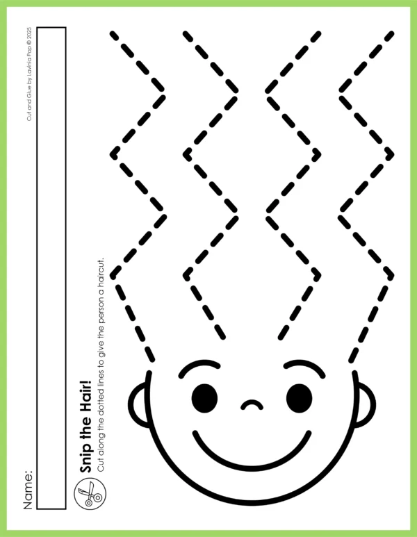 Free Color cut and glue kindergarten fine motor activities for the first week of school. Includes haircut pages and school supply cut and paste worksheets to build scissor skills and matching practice.