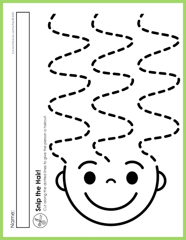 Free Color cut and glue kindergarten fine motor activities for the first week of school. Includes haircut pages and school supply cut and paste worksheets to build scissor skills and matching practice.