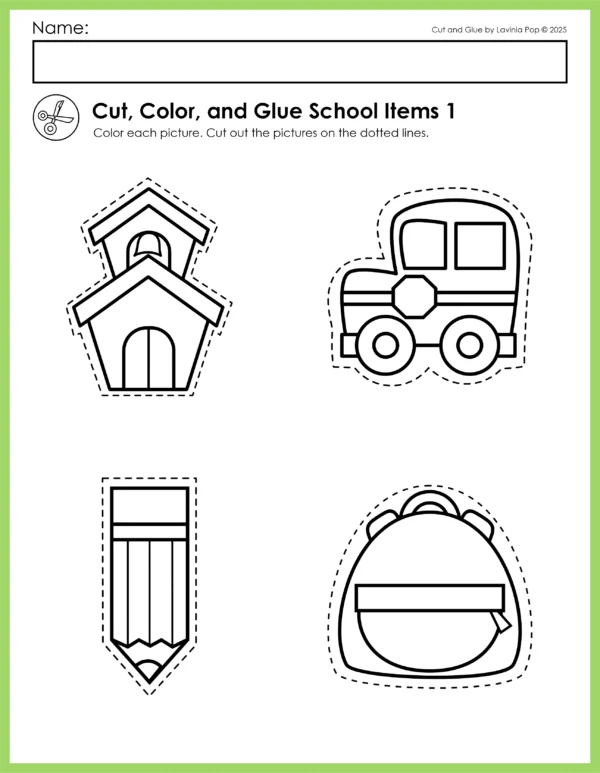 Free Color cut and glue kindergarten fine motor activities for the first week of school. Includes haircut pages and school supply cut and paste worksheets to build scissor skills and matching practice.
